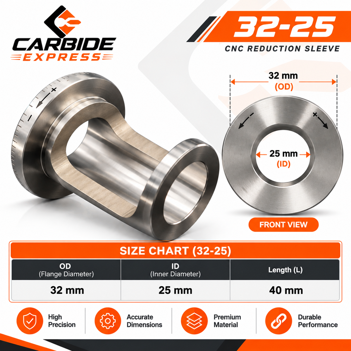 A metal CNC reduction sleeve labeled 32-25, shown on a branded marketing graphic with a front view, dimension callouts (32 mm OD and 25 mm ID), a size chart table, and the Carbide Express logo.