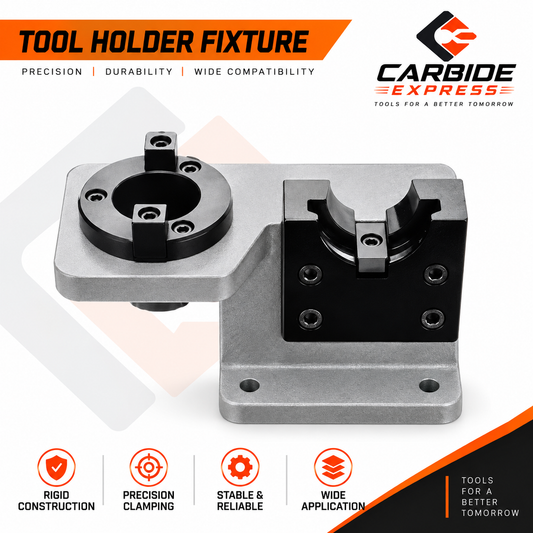 A metal tool holder fixture with black clamping components, shown on a white background with promotional text and the Carbide Express logo. The image includes feature icons for rigid construction, precision clamping, stability, and wide application.